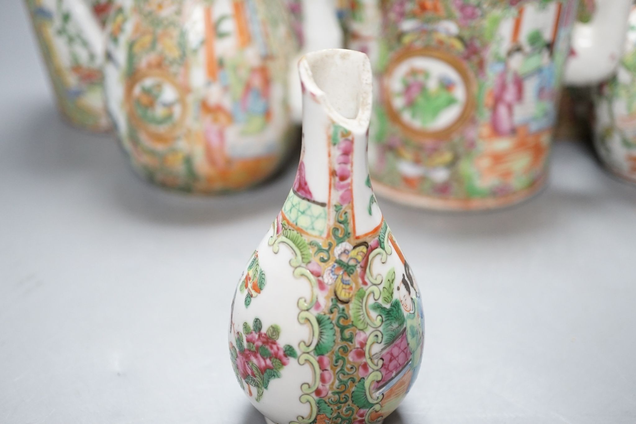 A group of Canton famille teawares and vases, largest 25cm